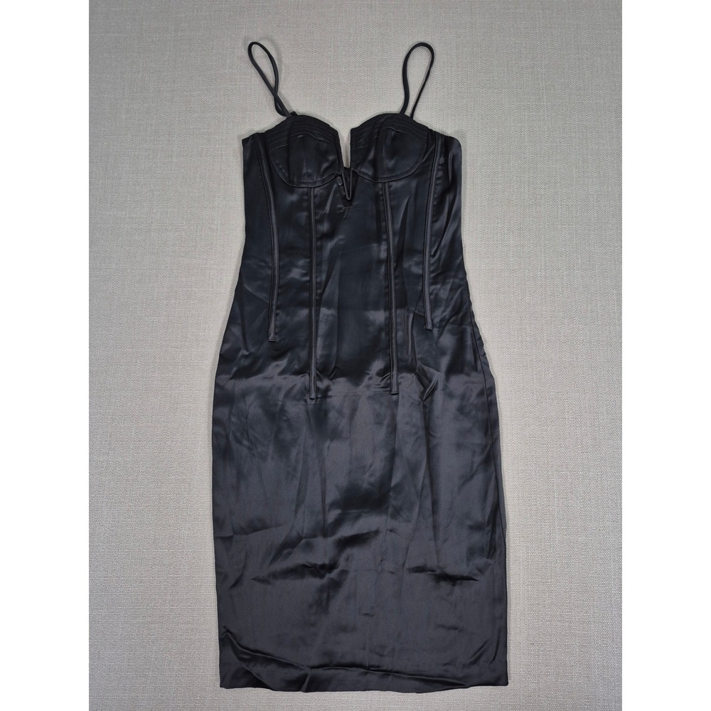 Bardot Bella Corset Dress Black Satin Midi Deep V-Neck 37384DB Size 6